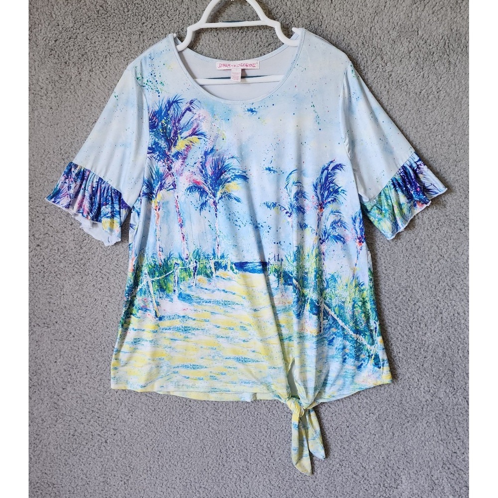 Leoma Lovegrove Top Women Large Blue Tropical Beach Palm Tree Front Tie Ruffle